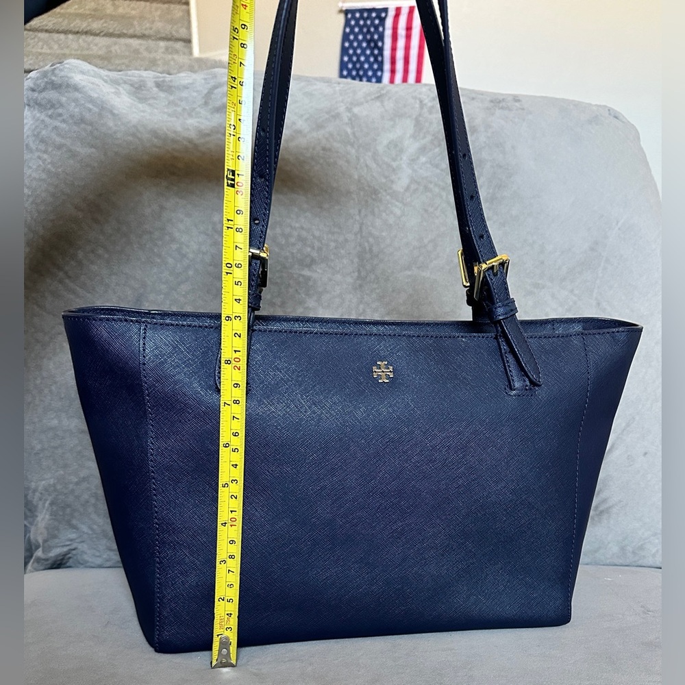 EUC- TORY BURCH Emerson Saffiano Leather Buckle Tote Shoulder Bag-Navy Blue